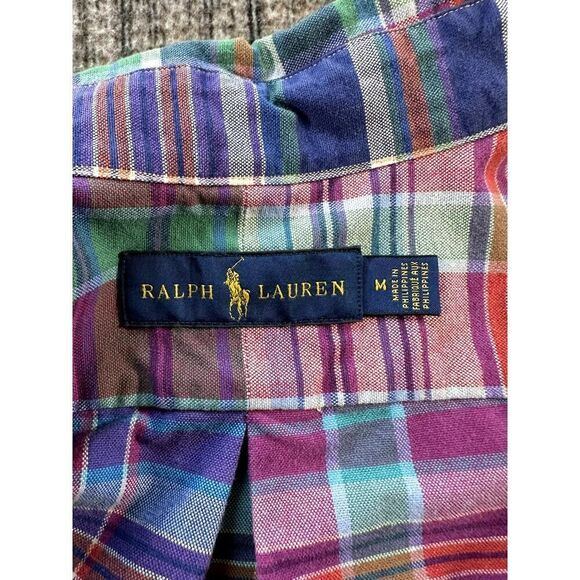 Ralph Lauren Blue Purple Green Plaid Cotton Long Sleeve Shirt Med Mens Preppy - Picture 7 of 9